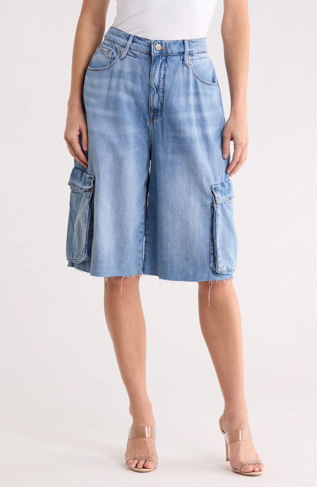 Good American Linen Blend Denim Cargo Jorts Shorts Plus Size 18 Raw Hem Utility
